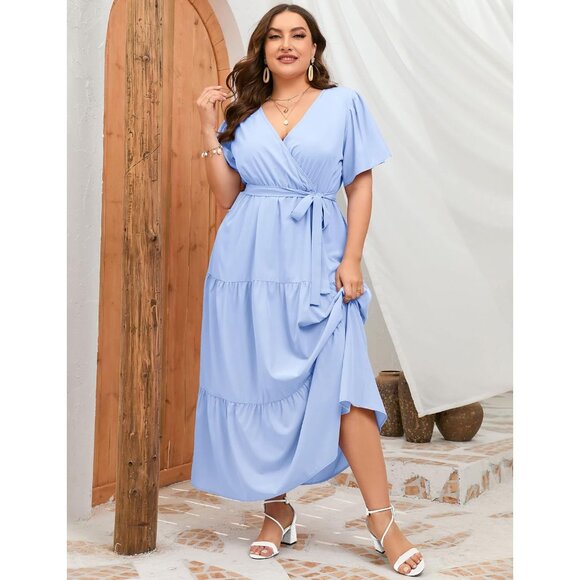 Plus Size V Neck Wrap Maxi Dress Short Sleeves High Waist Ruffle Belt - Picture 3 of 5